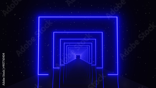 Fototapeta Naklejka Na Ścianę i Meble -  3d abstract futuristic glowing blue neon laser tunnel corridor with square box. Cyber sci-fi VJ retro digital warp synthwave wireframe grid illustration 