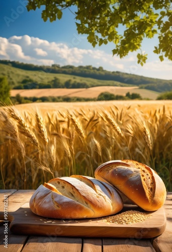 artisan handcrafted bread displayed beautiful scenic landscape lush greenery soft blue sky, rustic, nature, food, organic, homemade, texture, crust, loaf photo