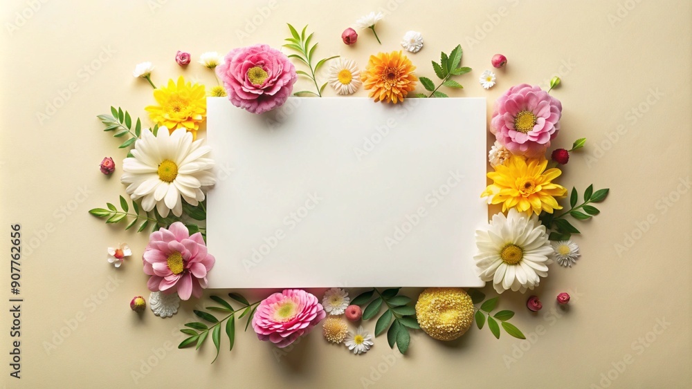 Top view of an elegant floral invitation card. Top view of an elegant floral arrangement with blank card, perfect for wedding invitations, congratulations Top view of an elegant floral invitation card. Top view of an elegant floral arrangement with blank card, perfect for wedding invitations, congratulations