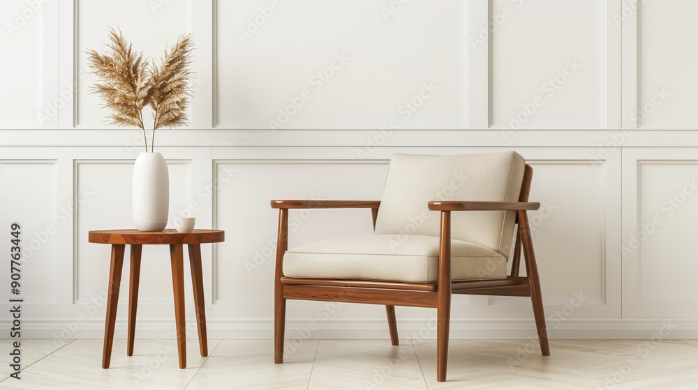 Minimalist Wooden Chair with Vase on Side Table in Modern Interior Minimalist Wooden Chair with Vase on Side Table in Modern Interior