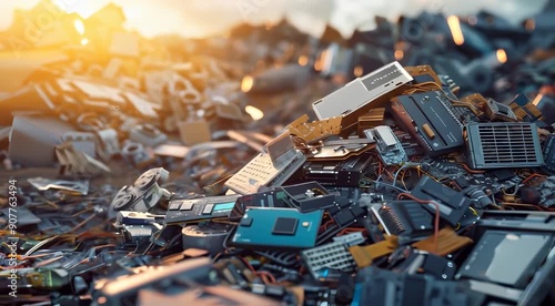 A large pile of discarded electronic components and gadgets, including circuit boards, smartphones, and various electronic parts, illuminated by a warm sunset glow.