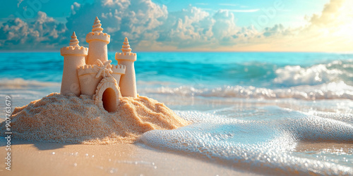 Sandcastle on the beach with ocean waves and blue sky. Concept: summer, leisure. Business use: travel, tourism. Relevant holiday: summer vacation. Commercial interest: beach resorts, holiday destinati photo