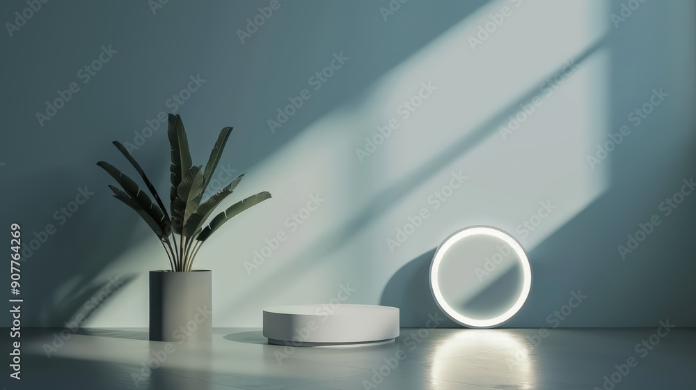A white pedestal with a plant in a grey pot sits in front of a white wall A white pedestal with a plant in a grey pot sits in front of a white wall
