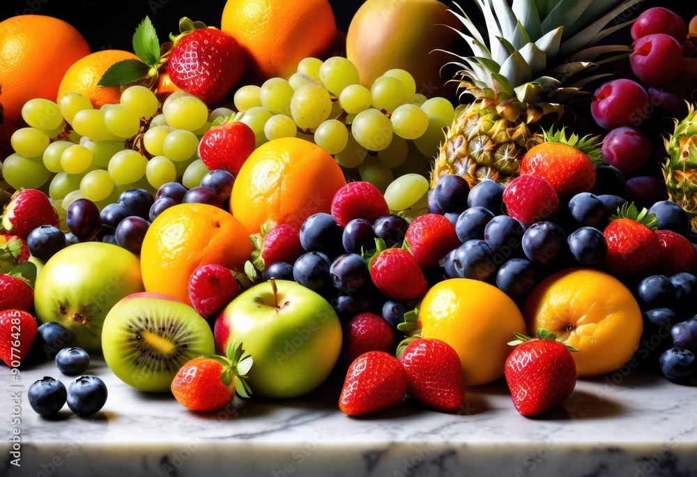 vibrant colorful display fresh fruits arranged beautifully polished marble surface, arrangement, healthy, organic, ripe, apples, oranges, bananas, grapes vibrant colorful display fresh fruits arranged beautifully polished marble surface, arrangement, healthy, organic, ripe, apples, oranges, bananas, grapes