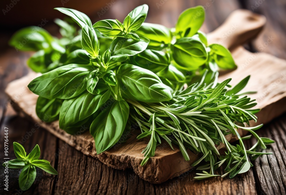 vibrant close fresh green herbs displayed rustic wooden surface highlighting natural textures colors, basil, parsley, cilantro, rosemary, thyme, dill, chives vibrant close fresh green herbs displayed rustic wooden surface highlighting natural textures colors, basil, parsley, cilantro, rosemary, thyme, dill, chives