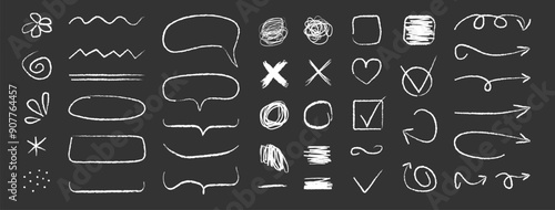 Set of line Arrows white chalk hand drawn. Grunge different elements, scribble in doodle style. Grunge abstract chalk, crayon pencil. Vector illustration on black background.