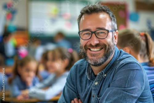 Portrait of smiling male teacher in a class at elementary school looking at camera with learning students on background