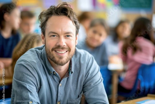 Portrait of smiling male teacher in a class at elementary school looking at camera with learning students on background