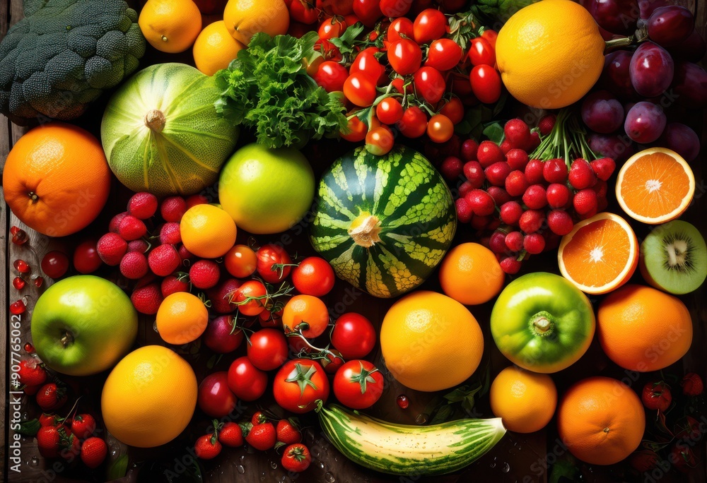 colorful arrangement fresh seasonal fruits vegetables showcasing vibrant colors natural textures, art, appealing, bright, culinary, delightful, edible, farm