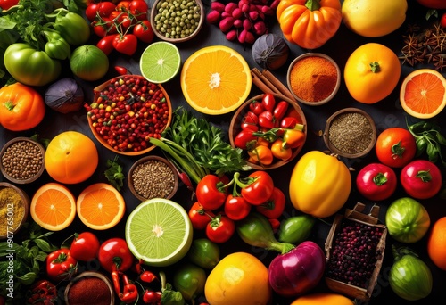 vibrant aerial view showcasing diverse array culinary components including fresh colorful gourmet ingredients, produce, spices, fruits, vegetables, herbs © Yaroslava