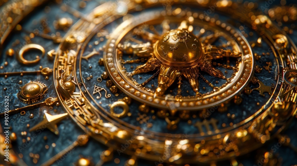 Antique Gold Astrology Or Zodiac Detail Showing Sun And Moons On Timepiece, Macro Closeup Antique Gold Astrology Or Zodiac Detail Showing Sun And Moons On Timepiece, Macro Closeup