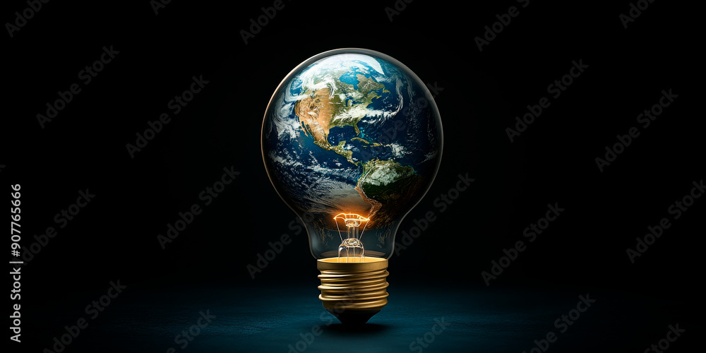 Light bulb with Earth inside, dark background, night. Concept: global energy awareness. Business use: renewable energy, environmental campaigns. Relevant holiday: Earth Day. Commercial interest: susta Light bulb with Earth inside, dark background, night. Concept: global energy awareness. Business use: renewable energy, environmental campaigns. Relevant holiday: Earth Day. Commercial interest: susta