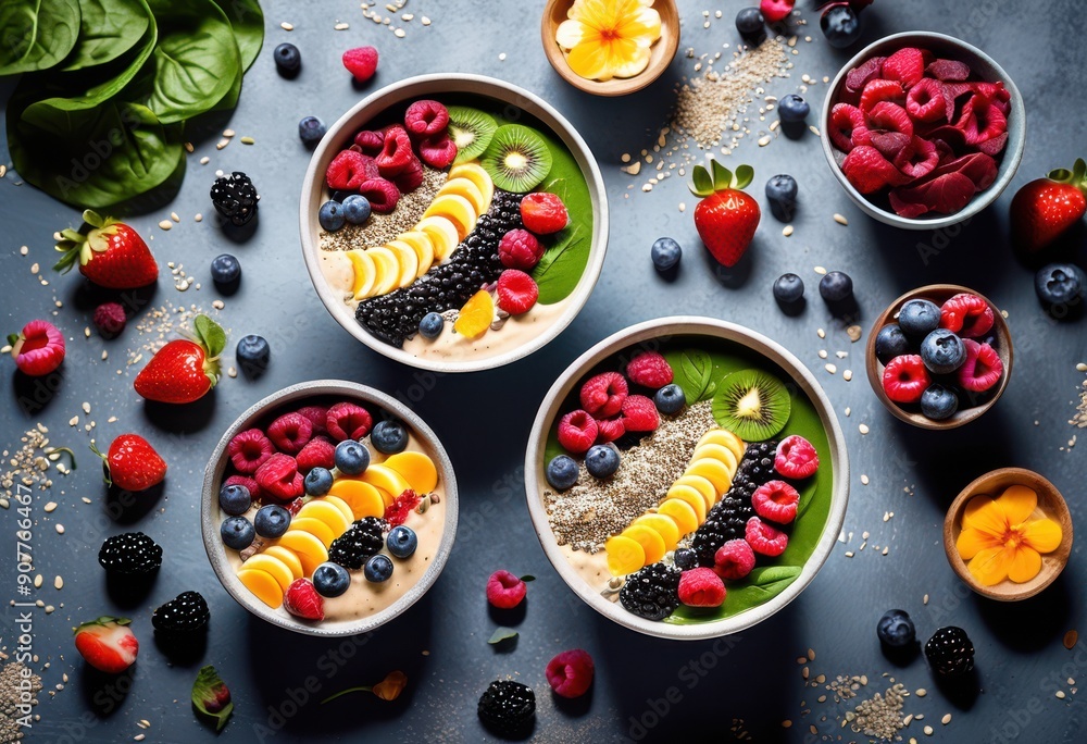 colorful nutrient dense smoothie bowls featuring superfoods like chia seeds healthy breakfast snack, berry, spinach, banana, avocado, almond, coconut, peanut colorful nutrient dense smoothie bowls featuring superfoods like chia seeds healthy breakfast snack, berry, spinach, banana, avocado, almond, coconut, peanut