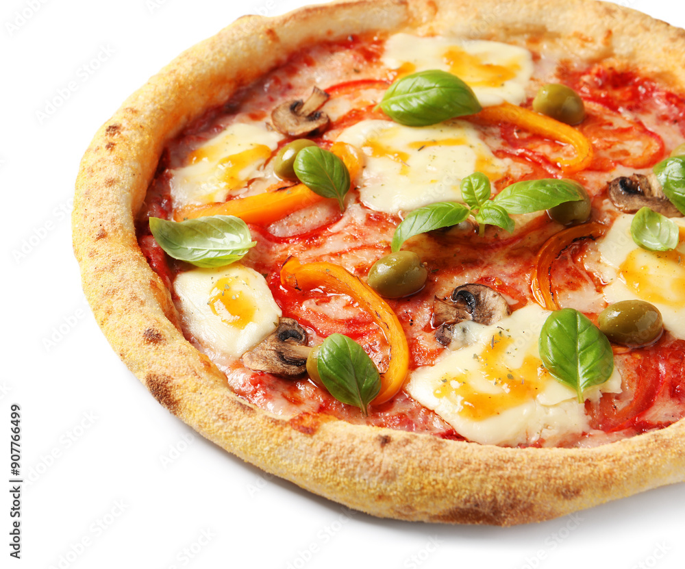 Delicious vegetarian pizza with fresh basil isolated on white Delicious vegetarian pizza with fresh basil isolated on white