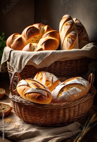 artisan handcrafted bread displayed beautifully wicker basket showcasing various shapes textures, loaf, roll, crust, flour, yeast, meal, grain, oven