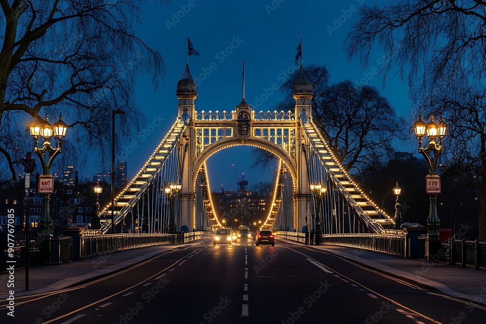 Naklejka premium London's Tower Bridge illuminated at night with light trails from passing traffic
