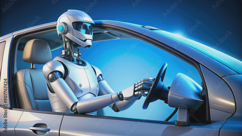 Android robot driving a car on a blue background, 3D illustration ...