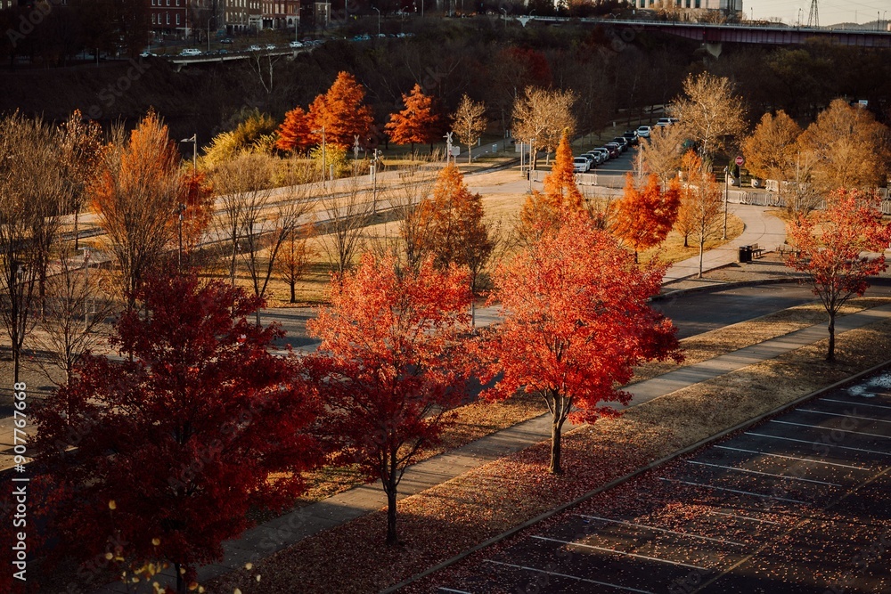 Φωτογραφία Aerial view of a park with red autumn trees and a parking lot in the background