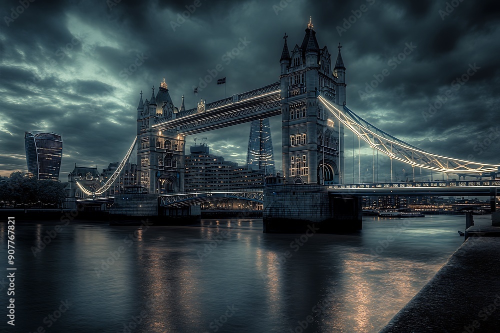 Fototapeta premium Tower Bridge, London, England, UK, Europe, illuminated at dusk