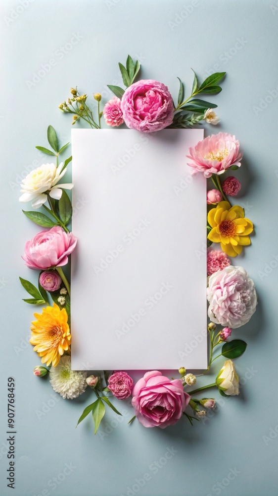 Top view of an elegant floral invitation card. Top view of an elegant floral arrangement with blank card, perfect for wedding invitations, congratulations Top view of an elegant floral invitation card. Top view of an elegant floral arrangement with blank card, perfect for wedding invitations, congratulations