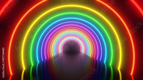 3d abstract futuristic glowing light laser rainbow circle tunnel in space. Cyber sci-fi retro 80s 90s y2k bright colorful background. LGBT Pride disco music party template. Animation 30fps 4k loop