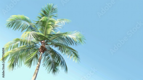 A palm tree swaying gently in the breeze, its fronds rustling against the backdrop of a clear blue sky