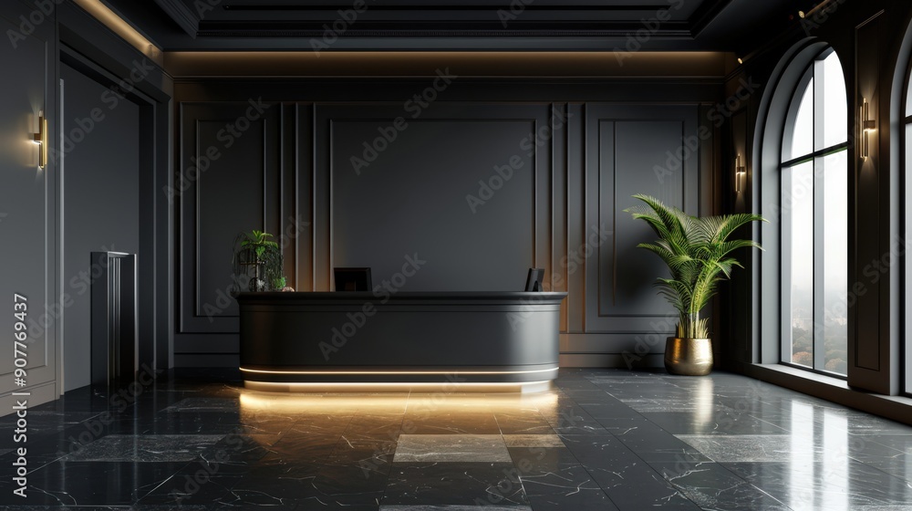 A black room with a black desk and a plant A black room with a black desk and a plant