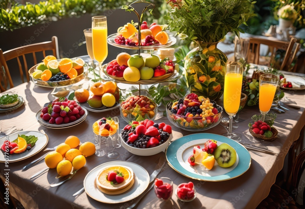 stunning aerial view beautifully arranged brunch table featuring colorful fresh vibrant drinks, arrangement, dishes, fruits, pastries, food, spread, gourmet stunning aerial view beautifully arranged brunch table featuring colorful fresh vibrant drinks, arrangement, dishes, fruits, pastries, food, spread, gourmet