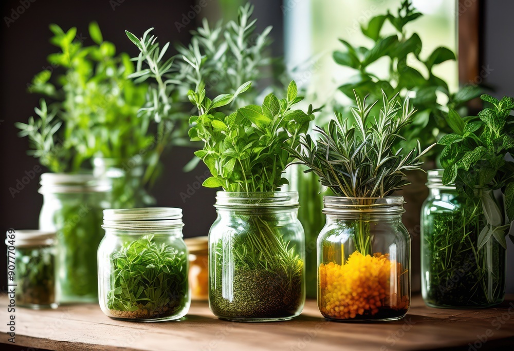 vibrant display fragrant herbs stylish glass containers lush green foliage colorful varieties modern home decor, herbaceous, plant, basil, mint, rosemary, thyme vibrant display fragrant herbs stylish glass containers lush green foliage colorful varieties modern home decor, herbaceous, plant, basil, mint, rosemary, thyme