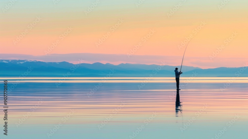 A solitary fisherman casts their line into the tranquil waters, their silhouette framed by the serene beauty of a pastel sunset A solitary fisherman casts their line into the tranquil waters, their silhouette framed by the serene beauty of a pastel sunset
