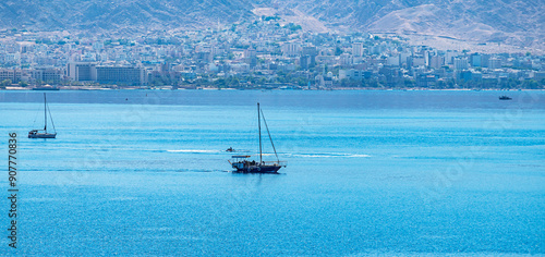 Pleasure boat neat a beaches of Aqaba city, Jordan