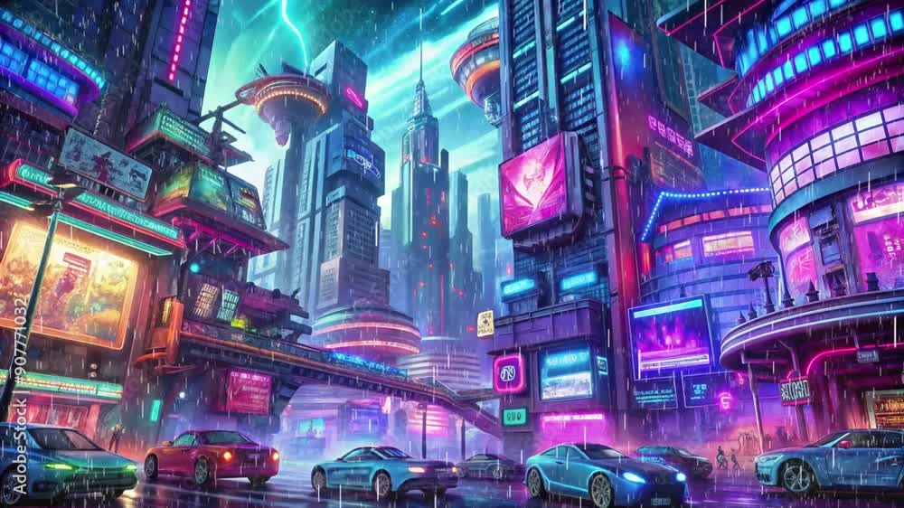 Animated Lo-Fi Video Illustration of Night City in Heavy Rain Animated Lo-Fi Video Illustration of Night City in Heavy Rain