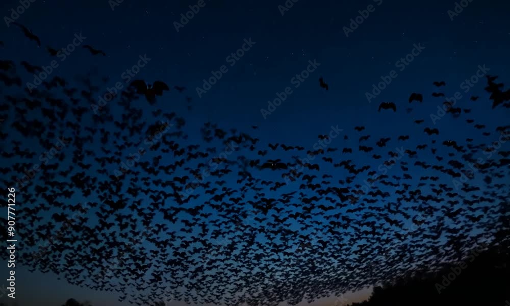 A flock of bats flying in the sky at night. The image has a dark and ...