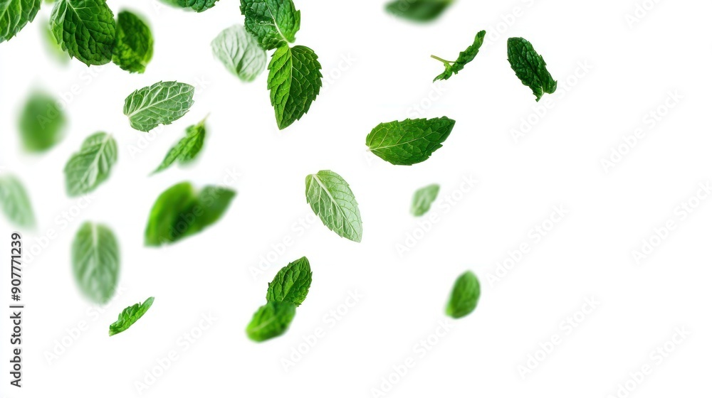 Floating Mint Leaves on a White Background