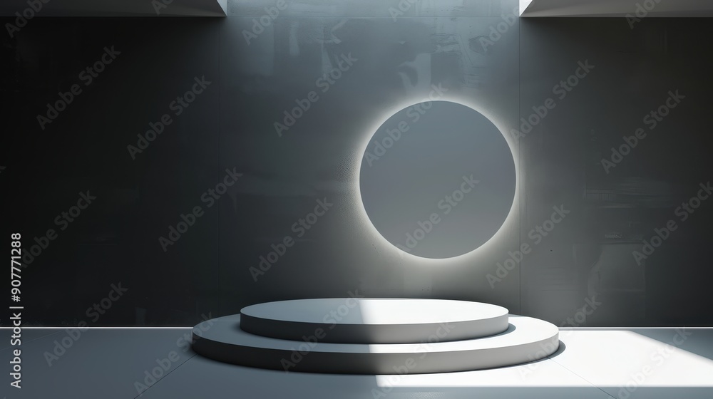 A large white circle is lit up in a dark room A large white circle is lit up in a dark room