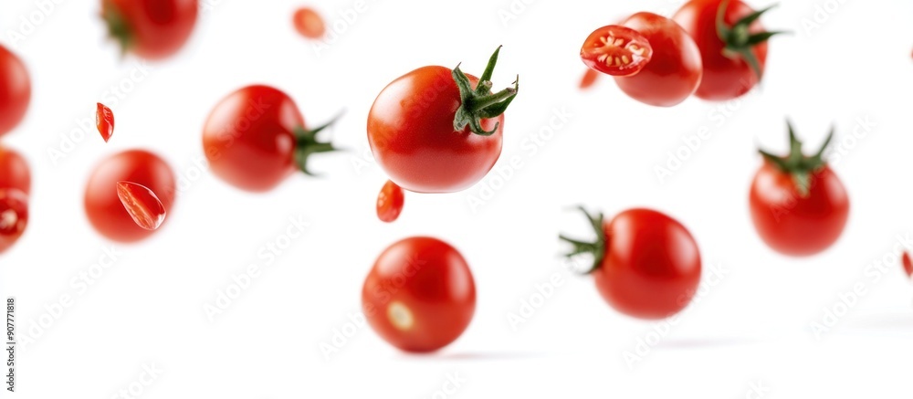 Cherry Tomatoes Falling on White Background Cherry Tomatoes Falling on White Background