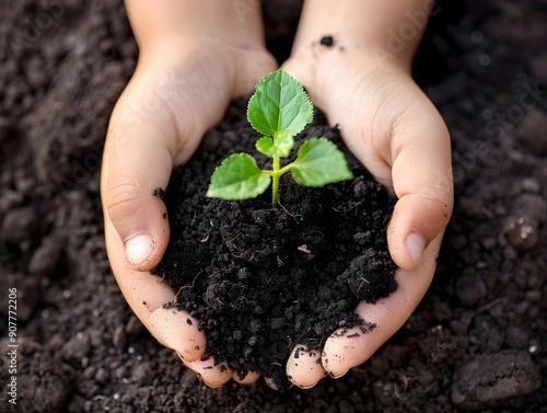 Child's hands holding a young plant in soil symbolizing