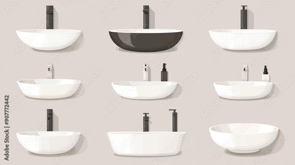 Set of Various Ceramic Sinks with Faucets and Dispensers Set of Various Ceramic Sinks with Faucets and Dispensers