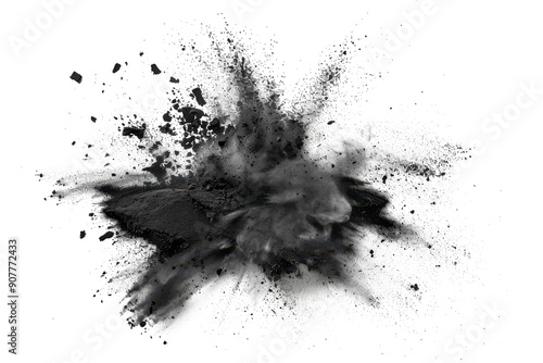 Black chalk pieces and powder flying, explosion effect photo