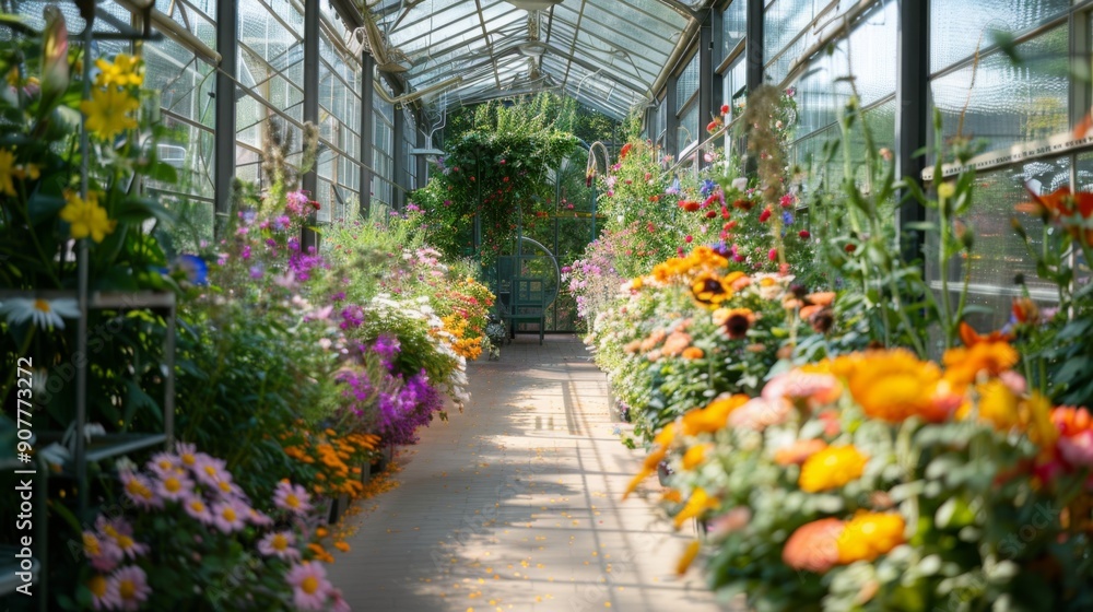 Sunlit Pathway Through Flower-Filled Greenhouse. Sunlit Pathway Through Flower-Filled Greenhouse.