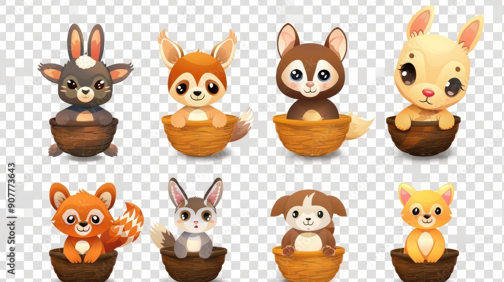 Obraz premium Concept set of several cute animals in baskets isolated on transparent background.