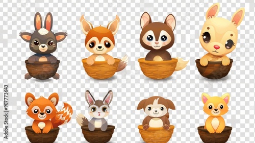 Concept set of several cute animals in baskets isolated on transparent background.
