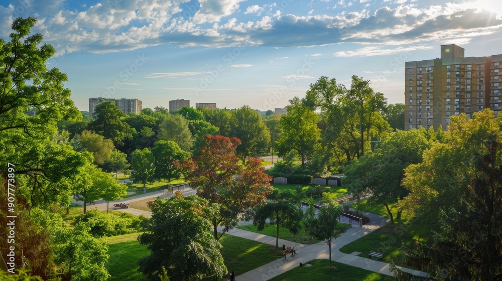 City Park View with Apartment Building and Trees. City Park View with Apartment Building and Trees.