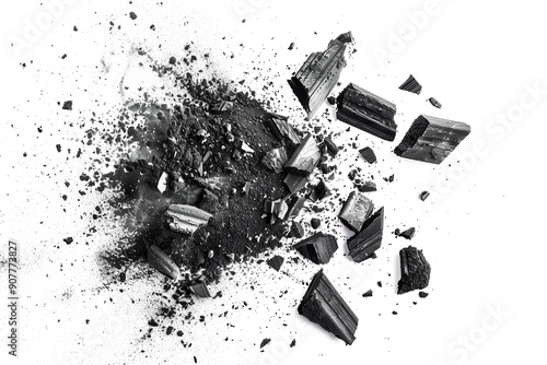 Black chalk pieces and powder flying, explosion effect photo