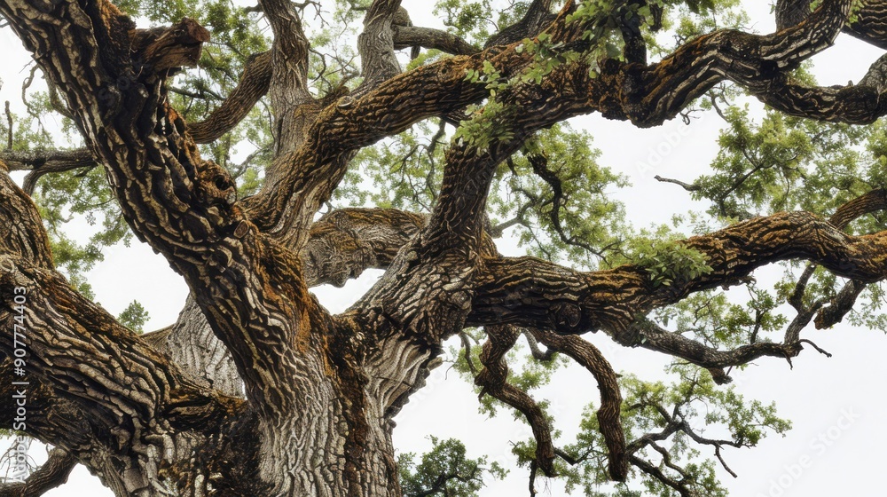 An ancient oak tree with gnarled branches reaching towards the sky An ancient oak tree with gnarled branches reaching towards the sky