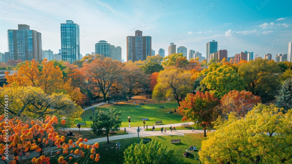City Park in Autumn with Skyline View. City Park in Autumn with Skyline View.