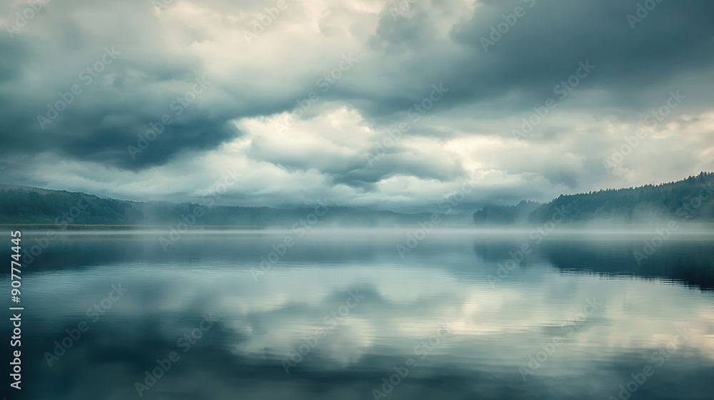 Dramatic Storm Clouds Reflecting in Calm Lake: Moody Landscape with Mirror-like Water Surface and Brooding Sky Dramatic Storm Clouds Reflecting in Calm Lake: Moody Landscape with Mirror-like Water Surface and Brooding Sky