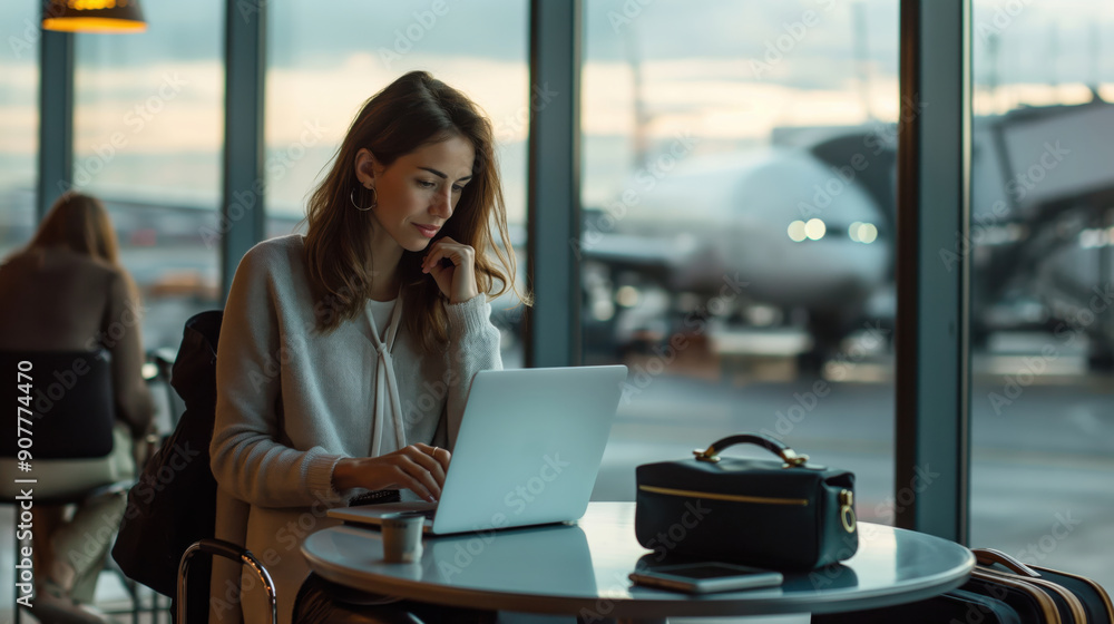 Young Woman Working on Laptop at Airport Cafe with Luggage Young Woman Working on Laptop at Airport Cafe with Luggage