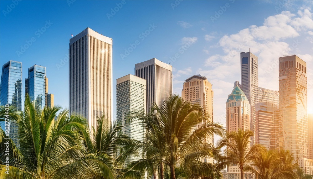 Palm-Spired Skyline Tall skyscrapers interspersed with palm trees against a backdrop of a vibrant city skyline. Palm-Spired Skyline Tall skyscrapers interspersed with palm trees against a backdrop of a vibrant city skyline.