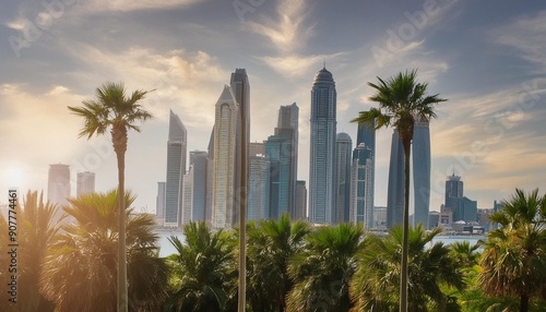 Palm-Spired Skyline Tall skyscrapers interspersed with palm trees against a backdrop of a vibrant city skyline.